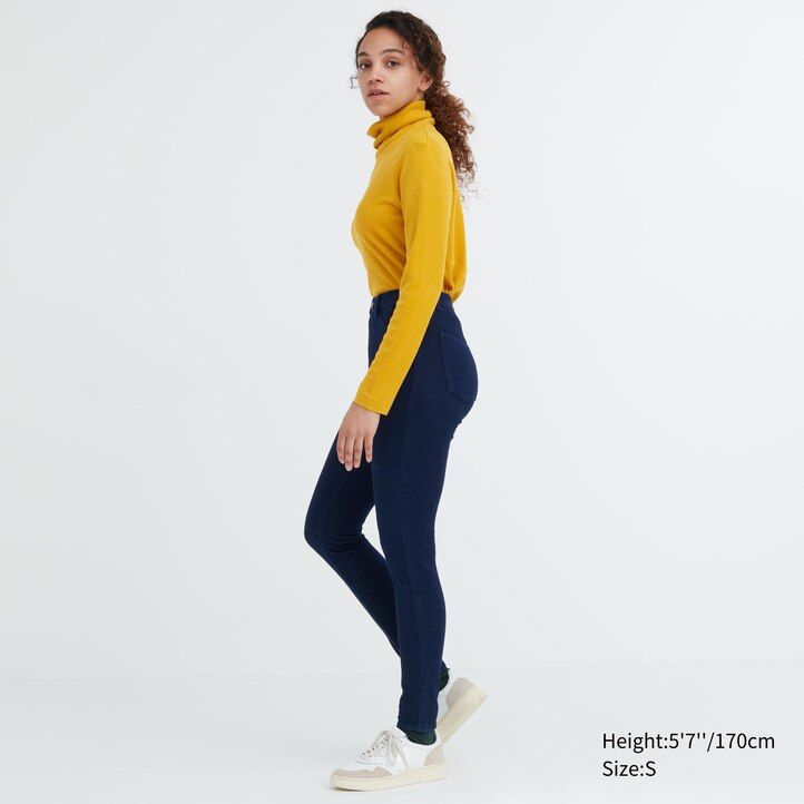 blaue uniqlo heattech ultra stretch denim high rise tops für damen