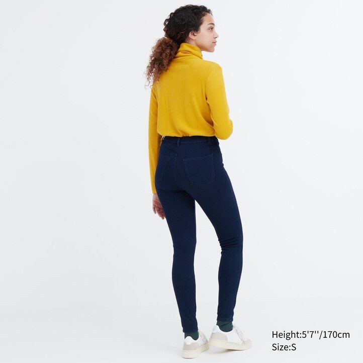 blaue uniqlo heattech ultra stretch denim high rise tops für damen