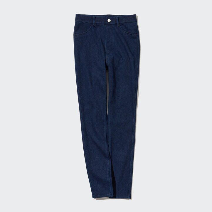 blaue uniqlo heattech ultra stretch denim high rise tops für damen