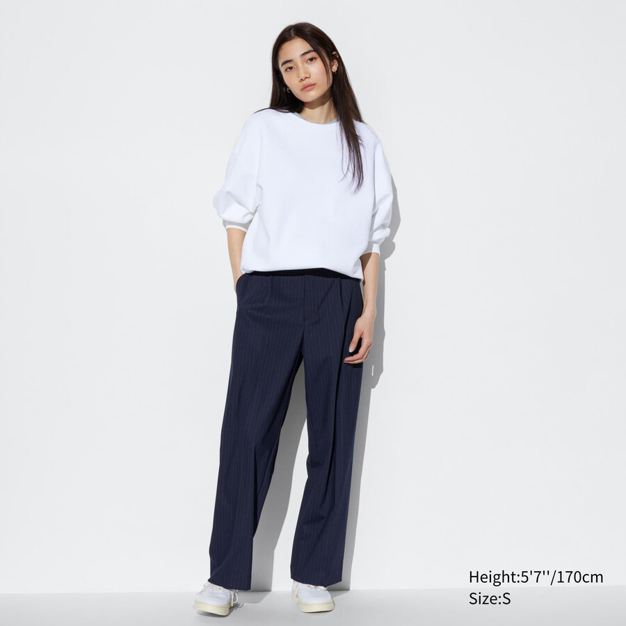 uniqlo damen-top mit falten weitem bein und streifenmuster marineblau