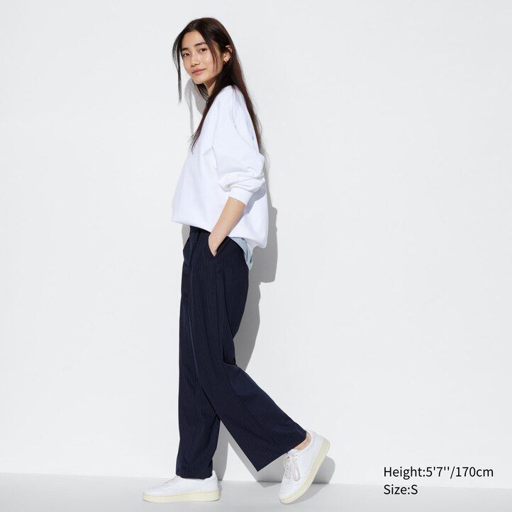uniqlo damen-top mit falten weitem bein und streifenmuster marineblau