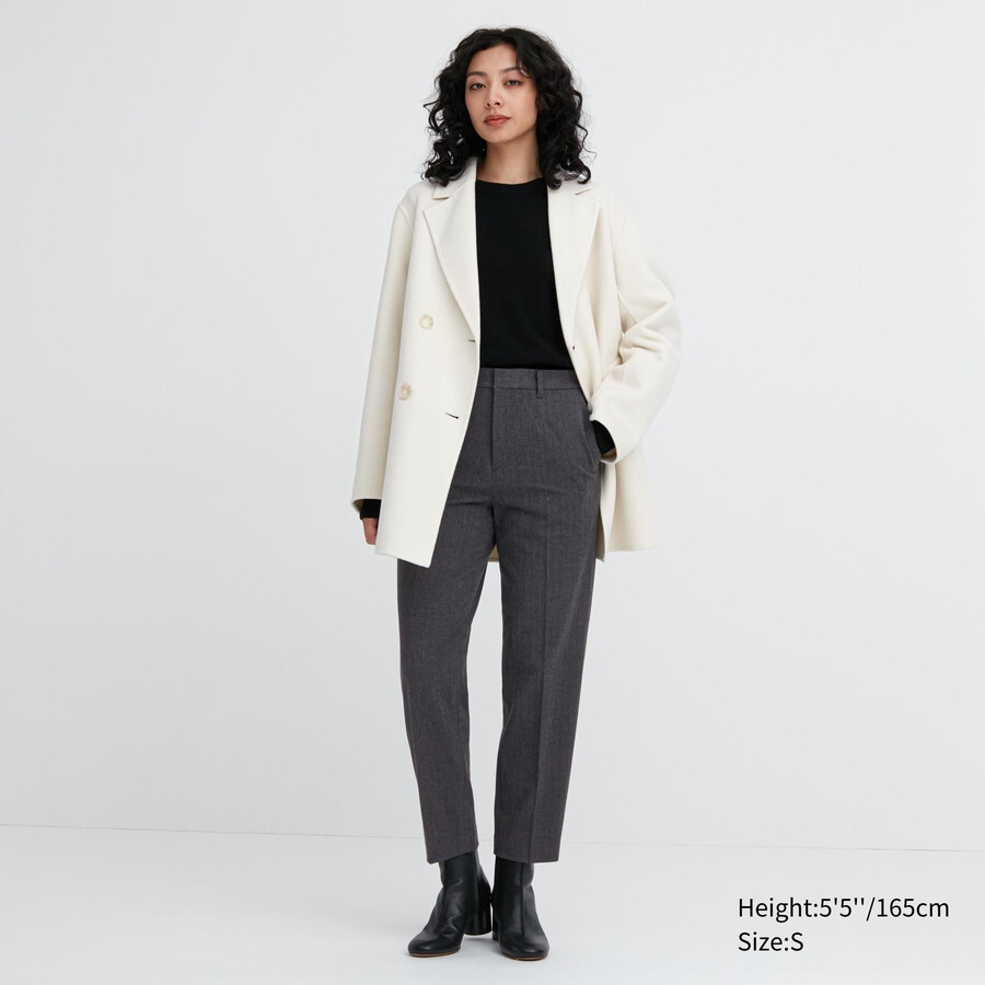 dunkelgraue uniqlo smart damen-tops in knöchellänge mit gebürstetem fischgrätmuster