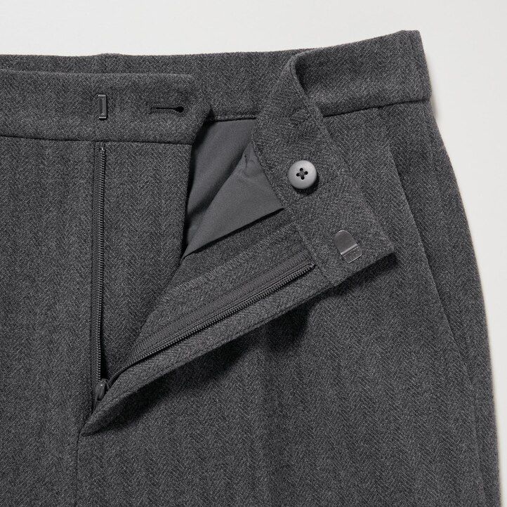 dunkelgraue uniqlo smart damen-tops in knöchellänge mit gebürstetem fischgrätmuster