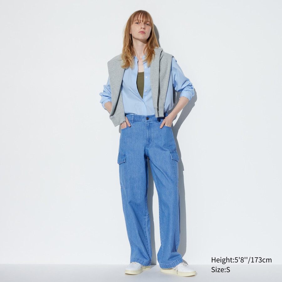 blaue uniqlo jeans-oberteile mit weitem geradem schnitt von legrgo für damen