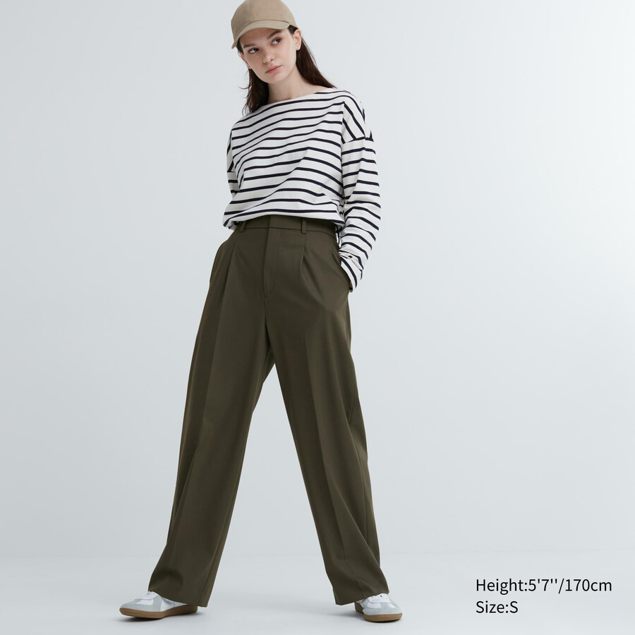 uniqlo damen-tops mit falten und weitem bein olivgrün