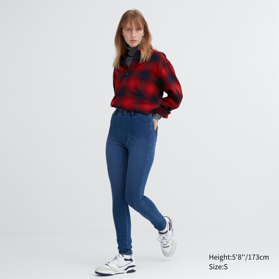 blaue uniqlo heattech ultra stretch denim high rise tops für damen