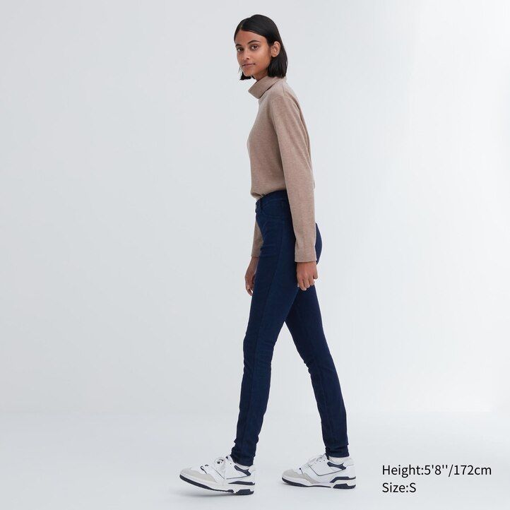blaue uniqlo heattech ultra stretch denim high rise tops für damen