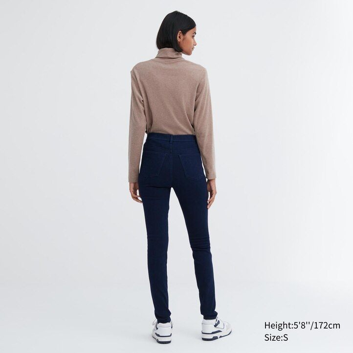 blaue uniqlo heattech ultra stretch denim high rise tops für damen