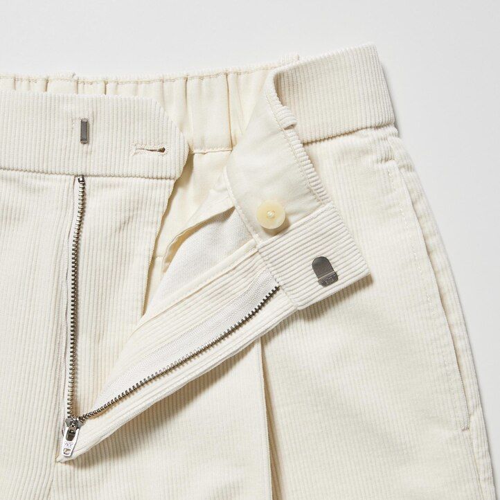 weiße uniqlo cord-tops für damen mit falten und weitem bein