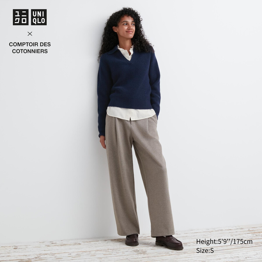 uniqlo damen-top aus gebürstetem jersey plissiert weites bein reguläre passform beige
