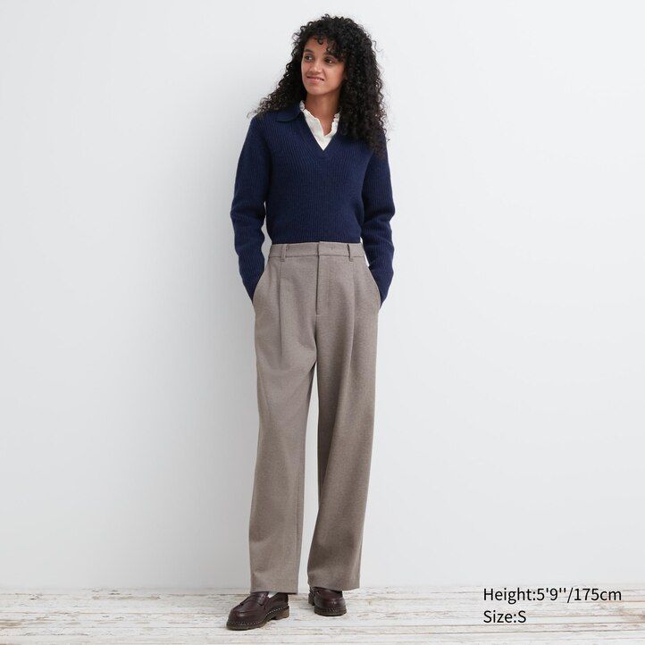 uniqlo damen-top aus gebürstetem jersey plissiert weites bein reguläre passform beige