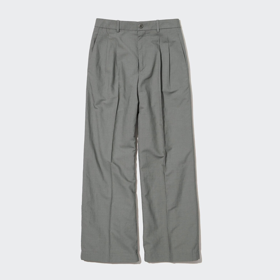 uniqlo damen-top aus leinenmischung mit falten und weitem bein olivgrün