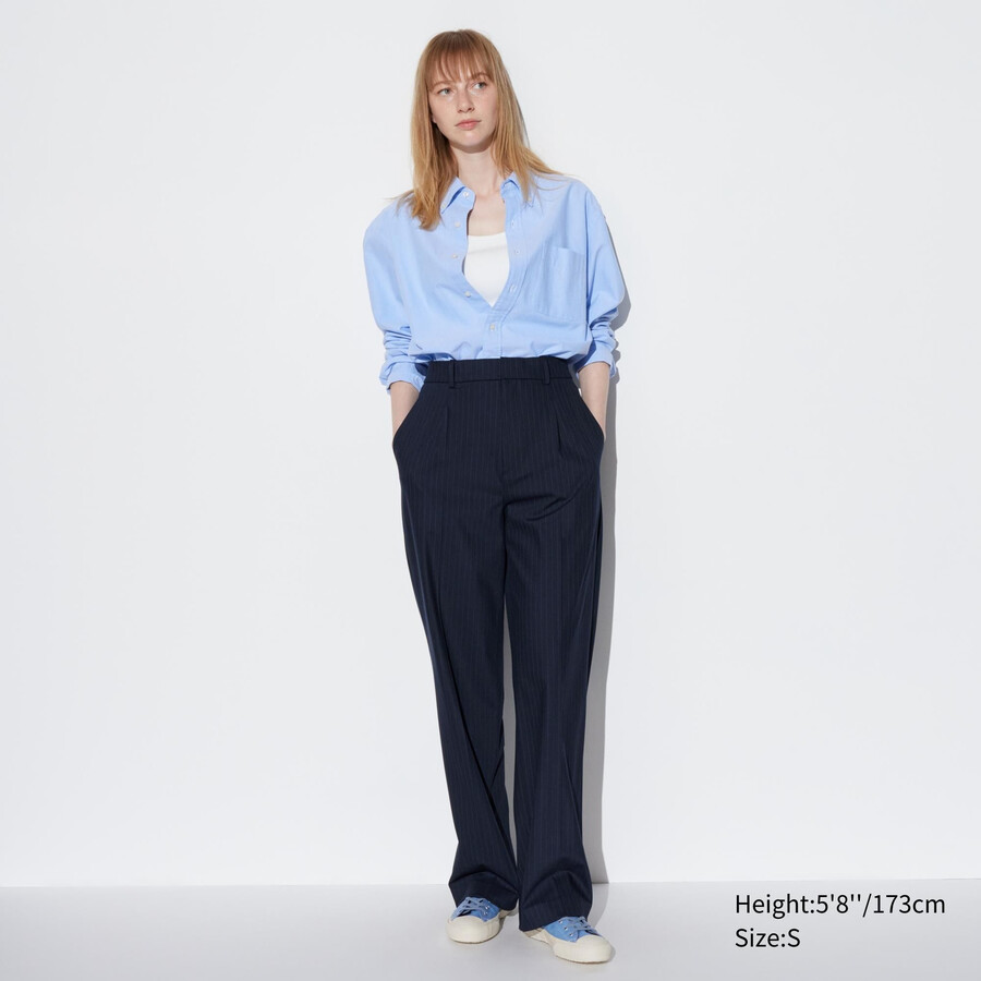 uniqlo damen-top mit falten weitem bein und streifenmuster marineblau