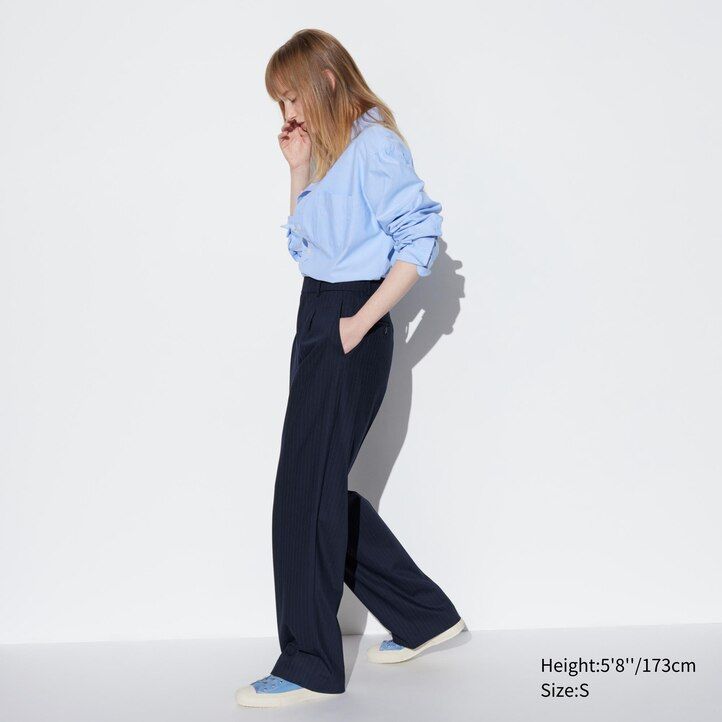 uniqlo damen-top mit falten weitem bein und streifenmuster marineblau