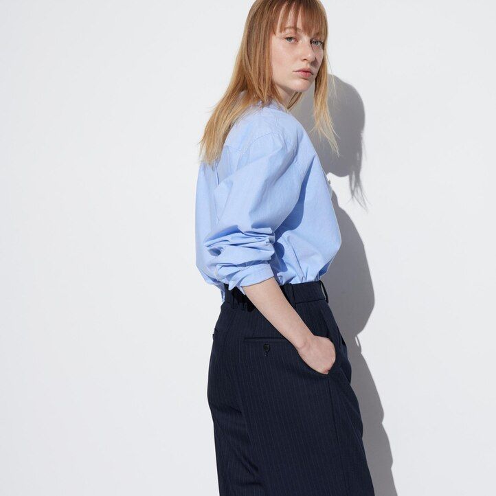 uniqlo damen-top mit falten weitem bein und streifenmuster marineblau