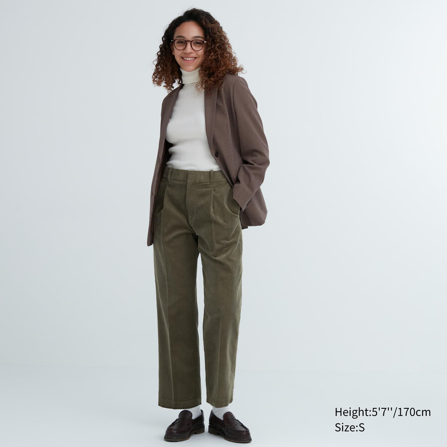 uniqlo damen-cordtops mit falten und weitem bein in olivgrün