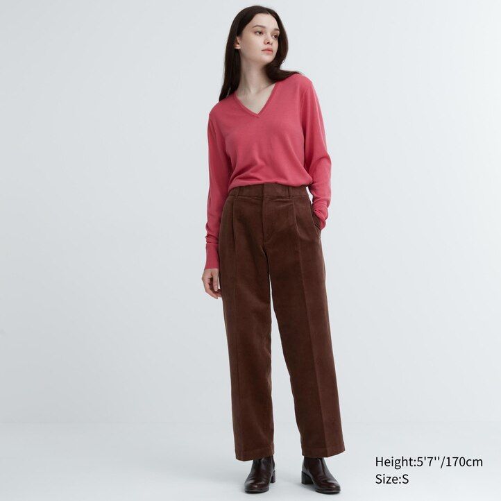 uniqlo damen-cordtops mit falten und weitem bein in olivgrün