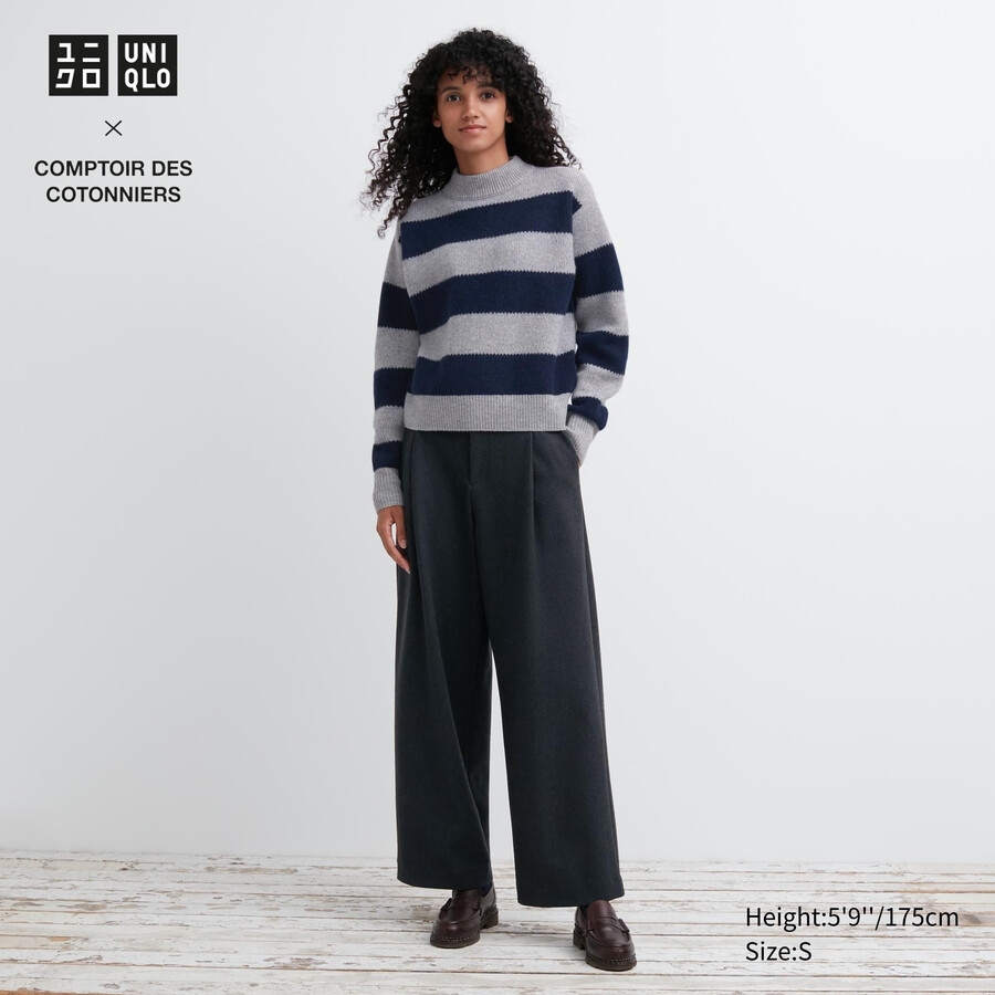 dunkelgraue uniqlo damen-tops aus gebürstetem jersey mit falten und weitem bein