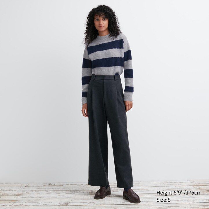 dunkelgraue uniqlo damen-tops aus gebürstetem jersey mit falten und weitem bein