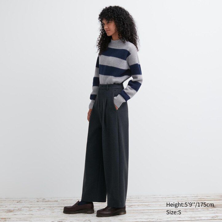 dunkelgraue uniqlo damen-tops aus gebürstetem jersey mit falten und weitem bein