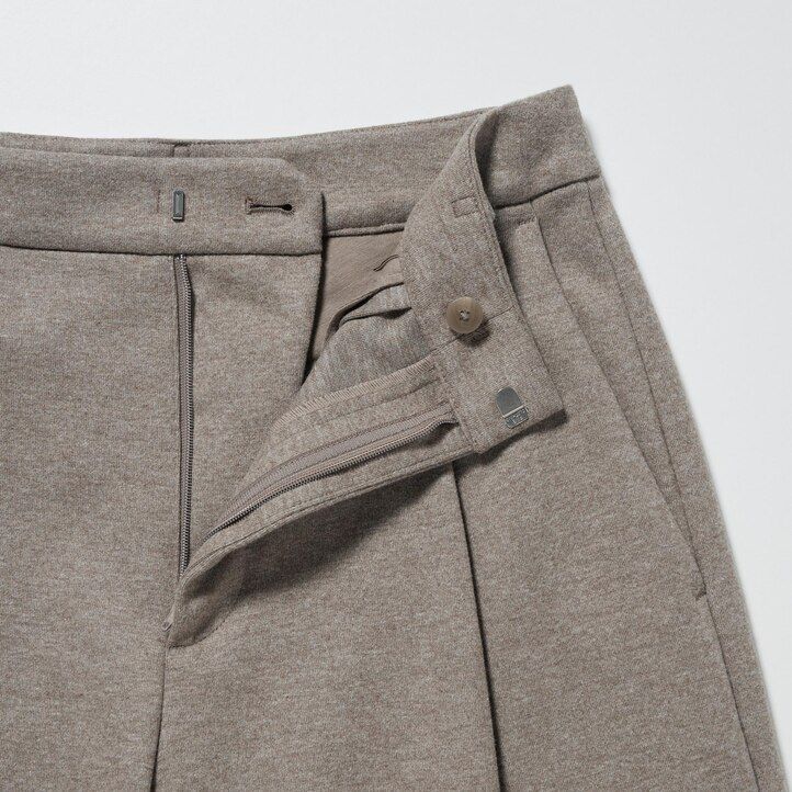 dunkelgraue uniqlo damen-tops aus gebürstetem jersey mit falten und weitem bein